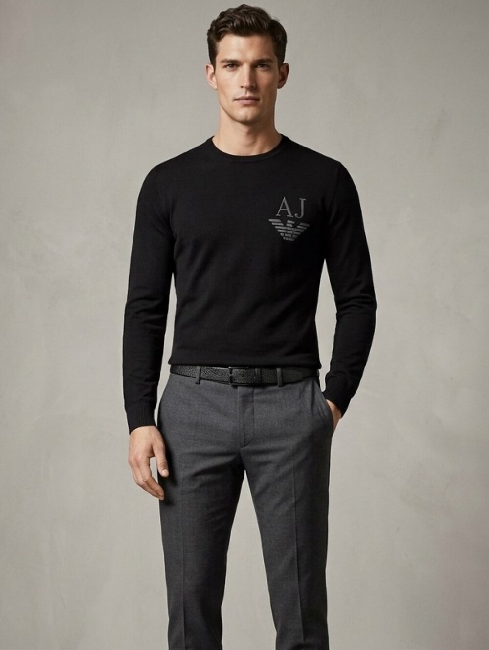 Armani Jeans Black Crewneck Sweater Embroidered Logo Alpaca Wool Blend
